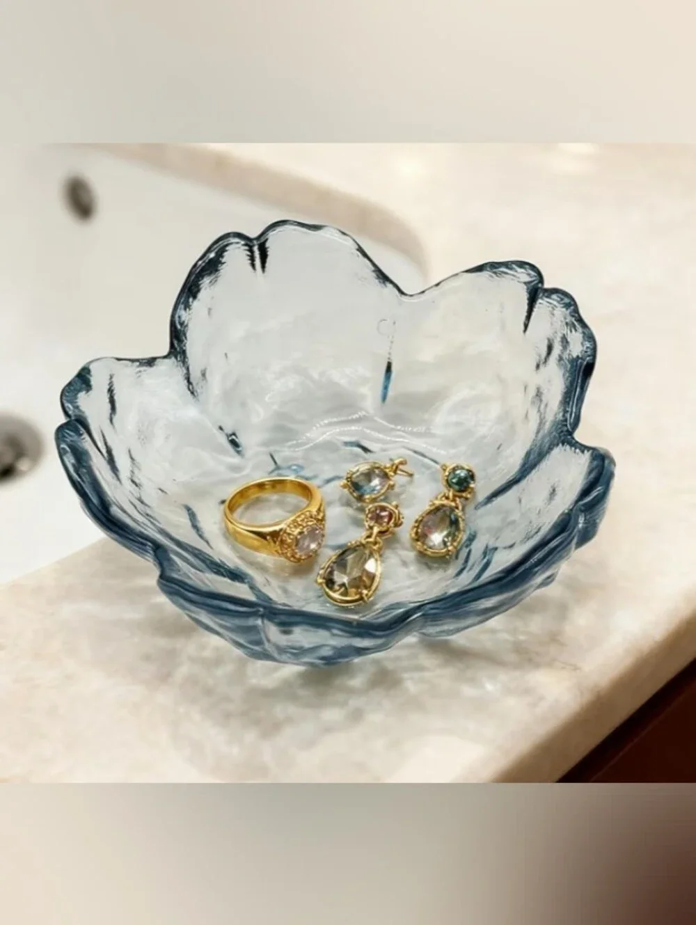 3 Pc Beautiful Glass Blue Cherry Blossom Jewelry Trinket Soap Dish Bowl Holder